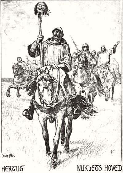 De Saxiske riddere vnder hjem til lejren med Venderkongen Niklots hoved på en stage
