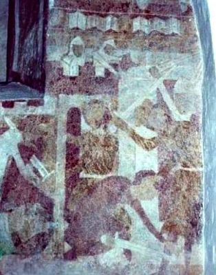 Kampscene på kalkmaleri i Hornslet Kirke