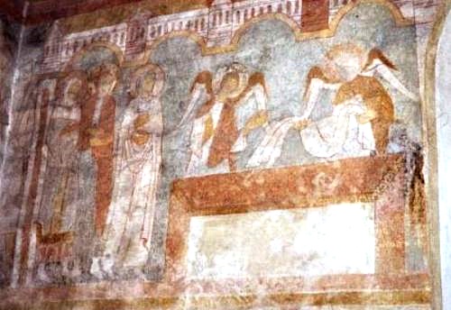 Kalkmaleri af Jesu genopstandelse i Råsted Kirke.