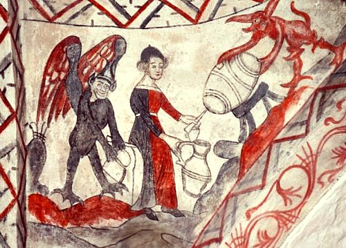 Kalkmaleri i Tuse Kirke som viser at  ølbrygning er djævelens værk