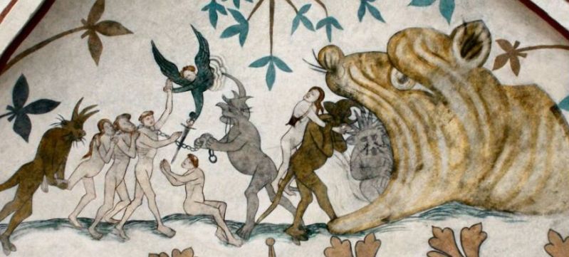 Kalkmaleri i Højby Kirke de fordømte på vej til helvede