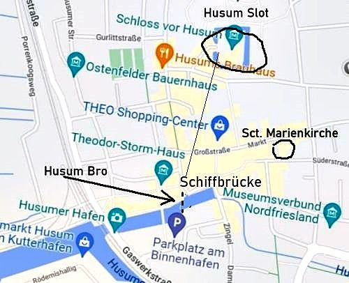 Binnenhafen in Husum with Schiffbrücke. Google Maps