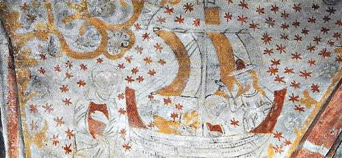 Kalkmaleri i Fjelie kirke i Skåne med kogge fra omkring 1250