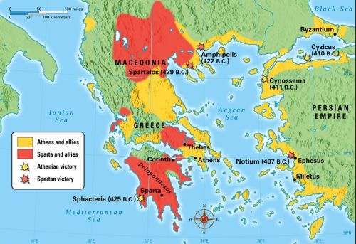 Den Peleponnesiske Krig. Athen og dets allierede er mrket med gult og Sparta og dets allierede med rdt