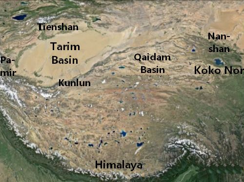 Den Tibetanske Hjslette med Koko Nor, Qaidam Basin, Tarim Basin og bjergkderne Himalaya, Pamir, Tienshan, Kunlun og Nanshan