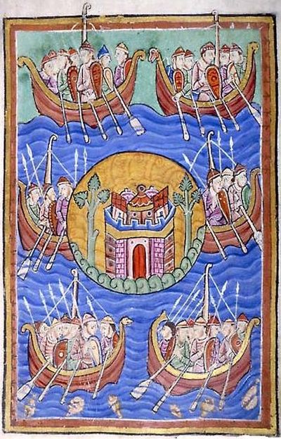 Vikinger on their way to  England i Life of St. Edmund
