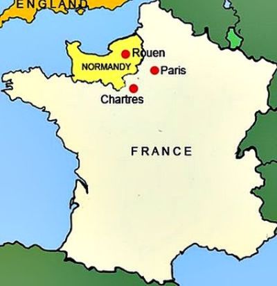 Kort over Frankrig som viser Normandiet