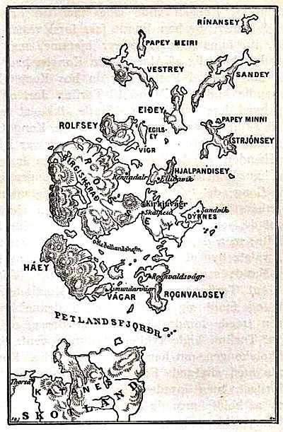 Kort over Orkneyøerne med gamle nordiske navne