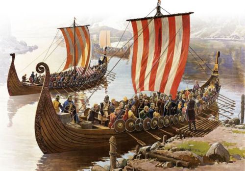 Viking ships leave the shore