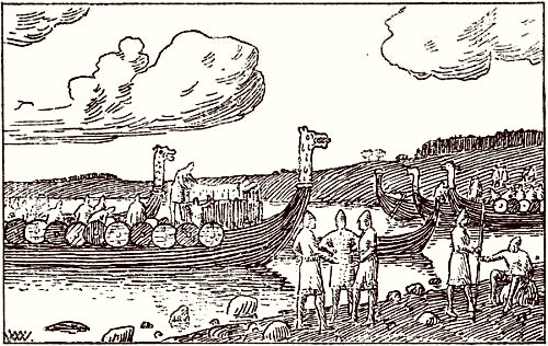 Ejnar Tambeskjælver og hans mænd lægger til ved Samsø med Magnus' lig