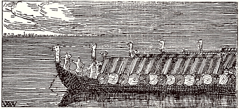 Harald Hårderåde og hans mænd ser Danskernes skibe ved solopgang