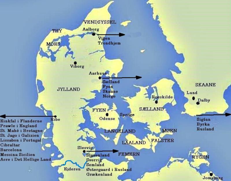 Danske byer, landsdele, øer og sejlruter, som er nævnt i Adam af Bremens Om Landene og Øerne i Norden
