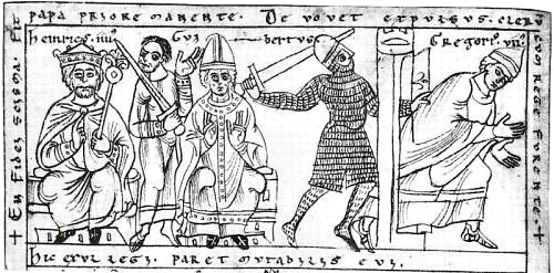 Den Tyske kejser Henrik 4. lader en brynjeklædt kriger jage pave Clemens 3. ud i mørket
