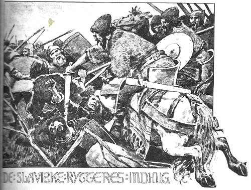 The Slawic horsemen attack the Danes in the Battle of Lutke