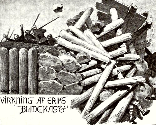 Effect of Erik Emunes stone-throwing siege engines on Haraldsborg