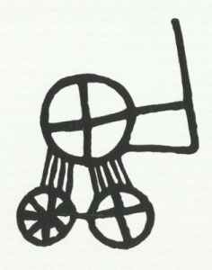 Helleristning fra Backa i Brastad sogn Bohuslen, som kan forestille et solsymbol anbragt på en vogn med fire hjul