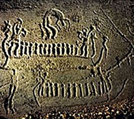 Petroglyph with acrobat above ship