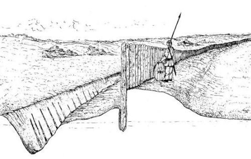 Graphic reconstruction of Trældige as it originally looked like. Drawing by Svend Aage Knudsen