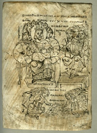 Constantine I monitors burning of Arian Books