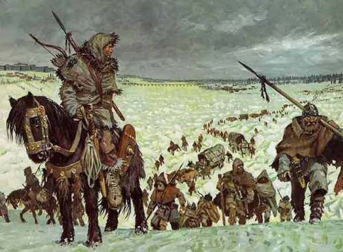 Vandaler, Sweber og Alaner krydser den frosne Rhin nytårsdag 406 e.Kr.