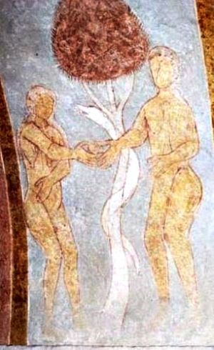 Kalkmaleri i RÃ¥sted Kirke som viser Adam og Eva, slangen og trÃ¦et.