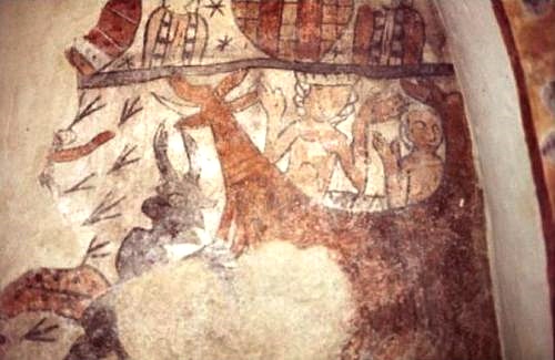 Kalkmaleri i Vester Broby Kirke som viser Adam og Eva, som fristes af slangen