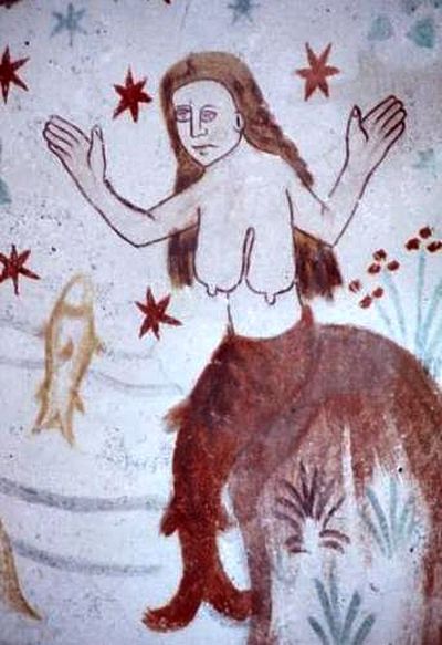 Kalkmaleri med havfrue i Fanefjord Kirke