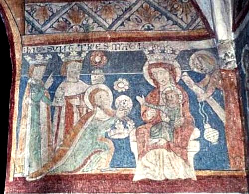 Kalkmaleri af de Hellige Tre Konger som tilbeder Jesusbarnet