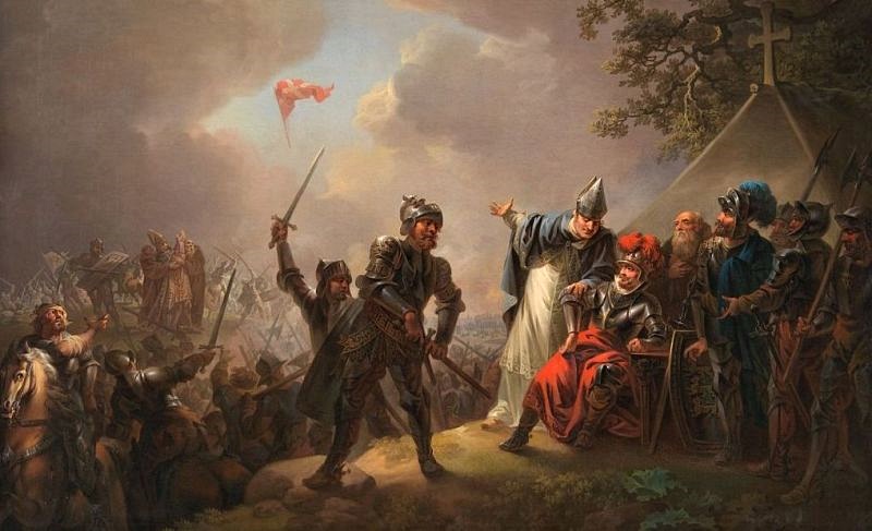 Dannebrog falls from the sky in the Battle of Lyndanisse 1219