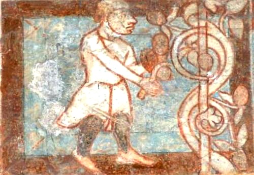 Kalkmaleri fra omkring 1200 med en bonde som høster druer