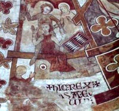 Kalkmaleri i Ringsted Kirke - Erik gribes af Abels mÃ¦nd medens han spiller et brÃ¦tspil