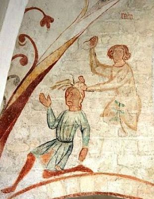 Fresco showing Cain's murder of Abel in Vester Broby Church