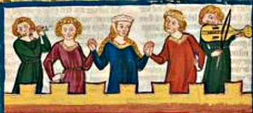 Medieval chain dance accompanied by flute and key-harp