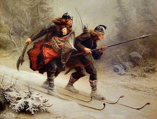 Birkebeinerne pÃ¥ ski over fjeldet med kongebarnet - maleri af Knud Bergslien fra 1869