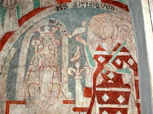Konge og dronning pÃ¥ kalkmaleri i Keldby Kirke