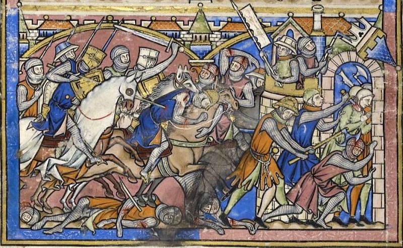 Attacking medieval army in the Morgan Bible