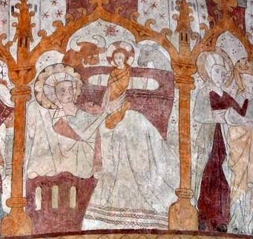 Kalkmaleri i Ã˜sterlars Kirke pÃ¥ Bornholm fra 1325 som viser jomfru Maria med jesusbarnet