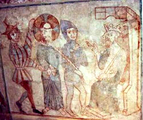 Kalkmaleri i Tirsted Kirke som viser Jesus foran kong Herodes