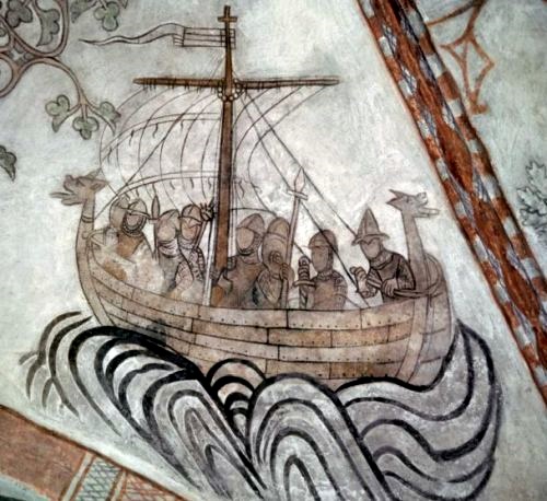 Kalkmaleri af leding-skib i Skamstrup Kirke