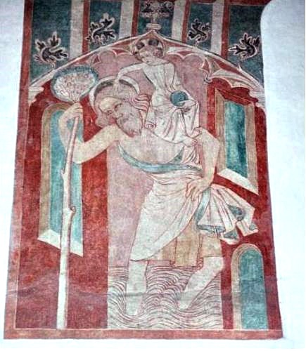Fresco depicting St. Christopher, who carries the baby Jesus across the river