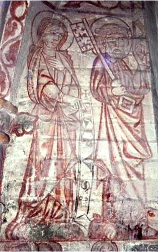Apostlene Philip og Peter pÃ¥ Kalkmaleri i NÃ¸rre Alslev kirke