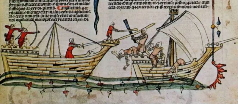 Naval battle in illustration in medieval chronicle