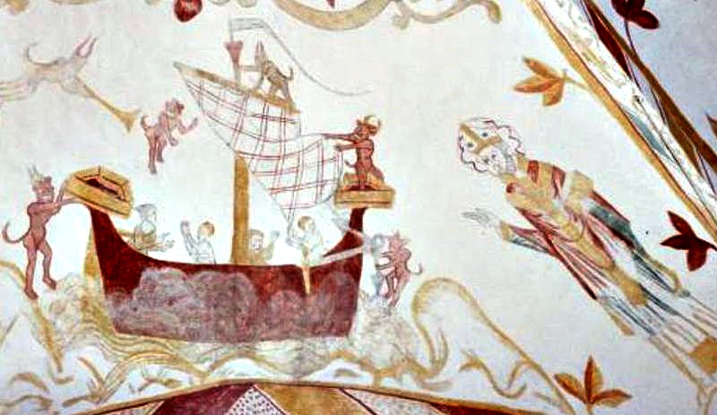 Mural showing  a ship having problems in a storm in Bregninge Church from the end of the 1300's