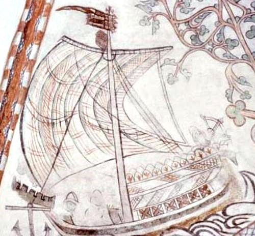 Chalk painting of a ship in Skamstrup Church from the end of the 1300's