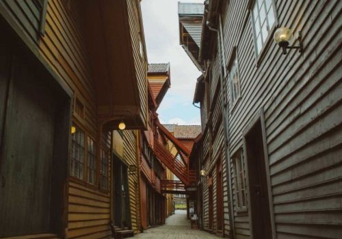 Wooden alley in the Hanseatic neighbourhood, Bryggen, in Bergen