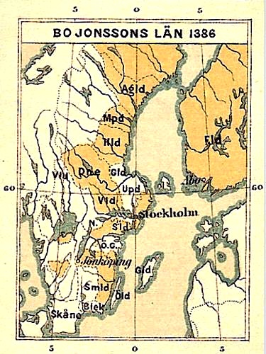 Historisk kort over Bo Jonsson Grifs godser i 1386