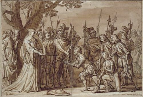 King Albrecht hands over the Swedish crown to Queen Margrete in 1389
