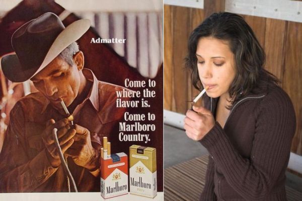 A lone and rugged Marlboro cowboy and a cigarette smoking woman