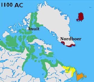 Norsemen and Inuits around the year 1100 AD.