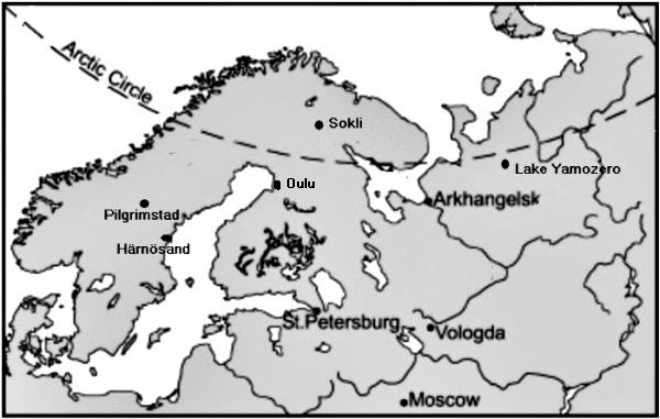Kort som viser Pilgrimstad, Sokli og Yamozero